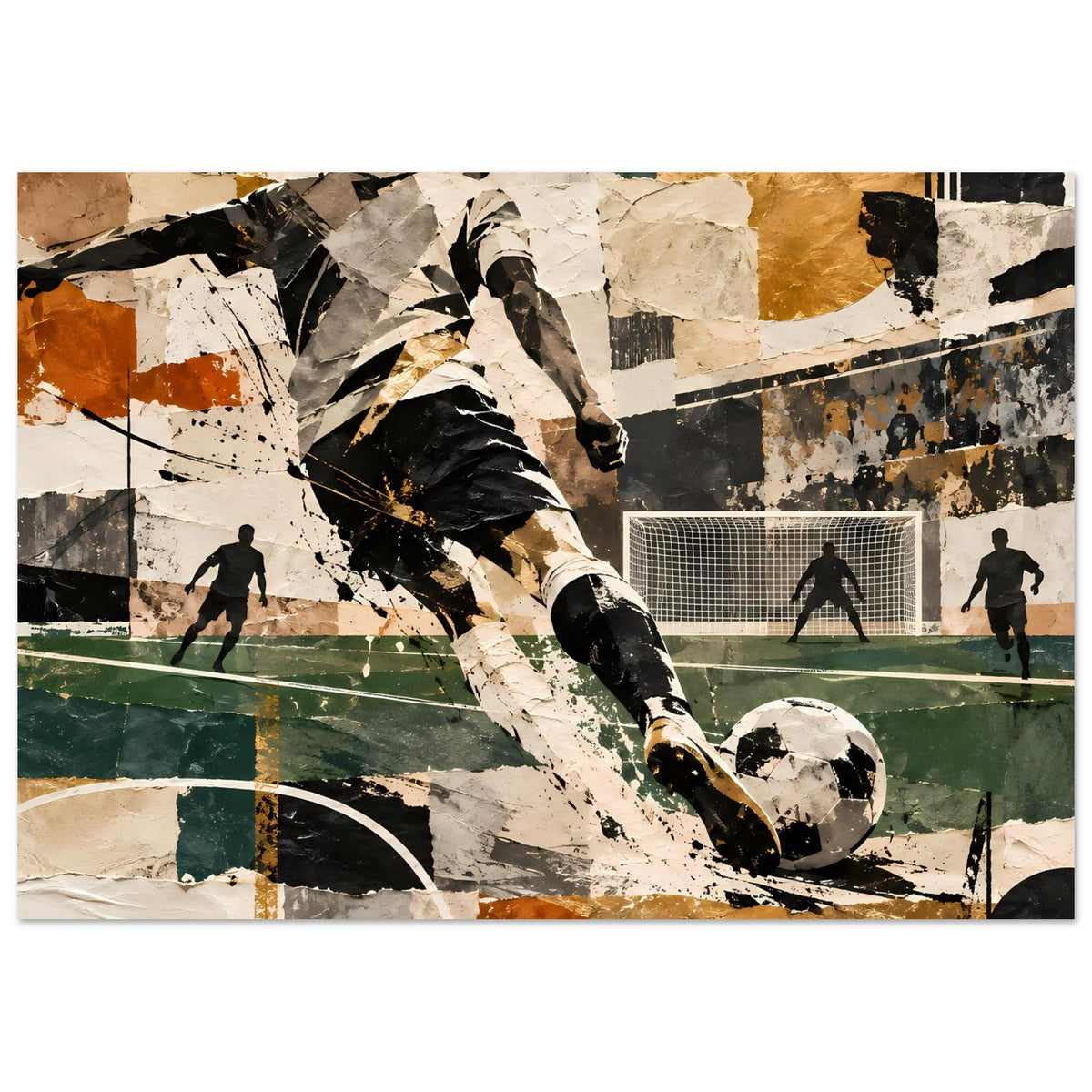 Abstraktes Fußball-Action-Artposter, horizontal: Spieler schießt, Hintergrund mit Torrahmen und Linien
