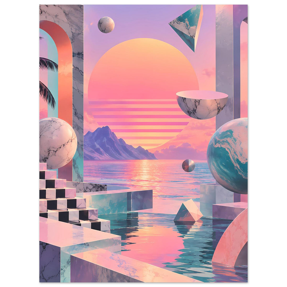 Poster mit rosa Sonnenuntergang, architektonischen Bögen und erdähnlicher Kugel