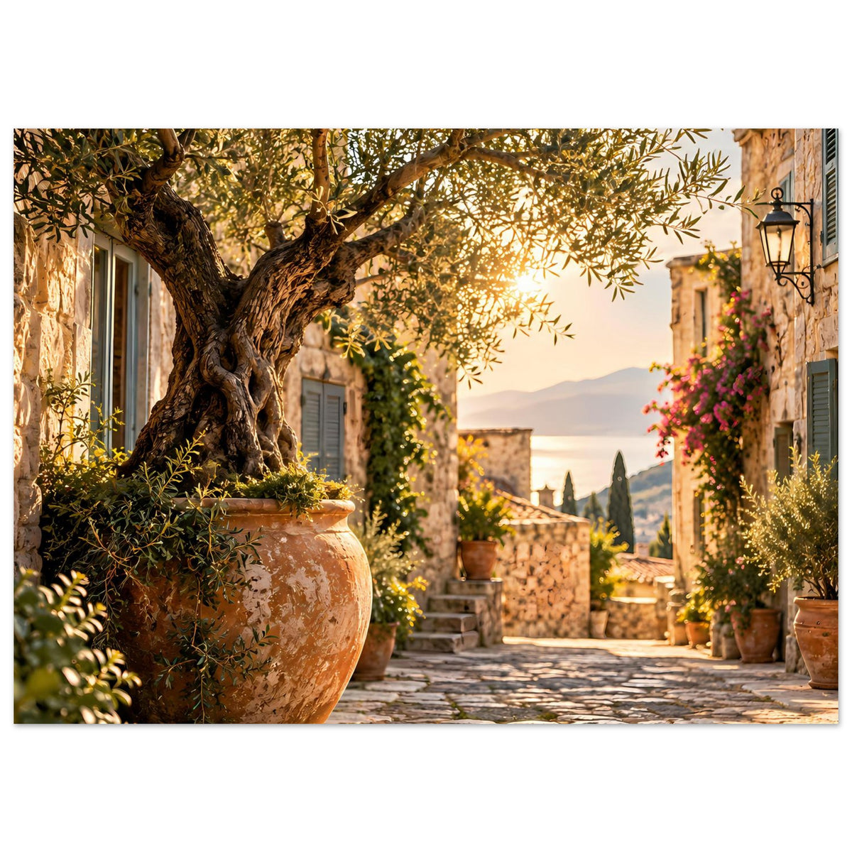 Mediterranes Poster: Olivenbaum, Terrakottatopf und mediterrane Gasse mit Laterne rechts