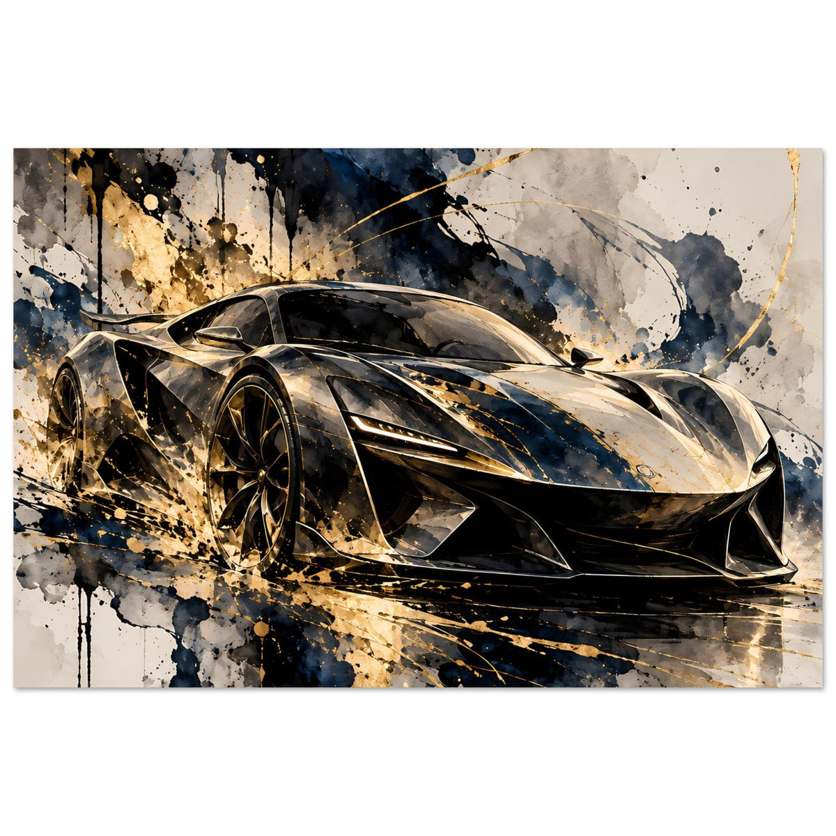 Poster mit Supersportwagen im Schwarz-Gold-Look, Frontansicht, goldene Linien und Spritzsprenkel