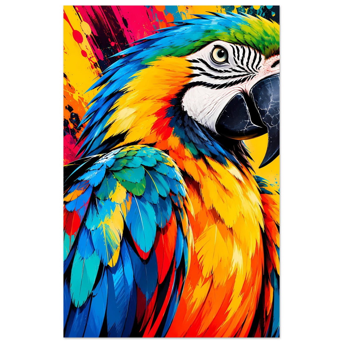Parrot-Splash-Art Poster im Hochformat mit Ara-Kopf und kräftig farbigen Federn