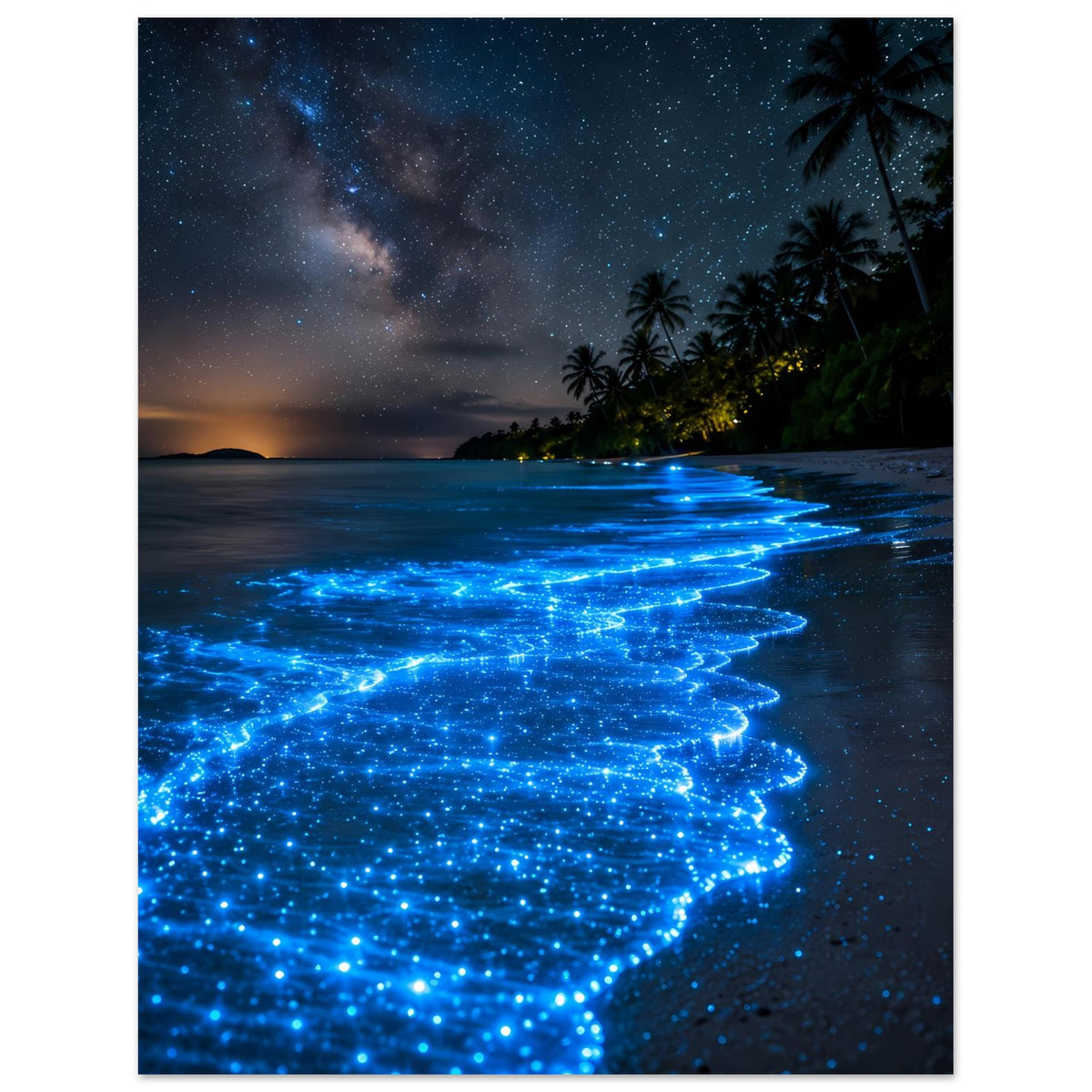 Meeresposter mit blauen glühenden Wellen am Strand und Sternenhimmel, Palmen an der Küste