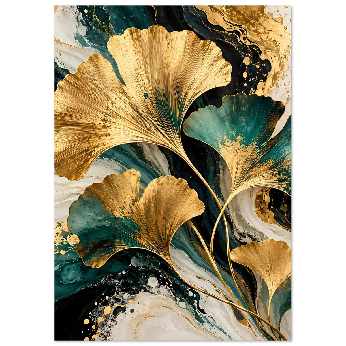 Naturposter mit goldenen Ginkgo-Blättern und türkisgrünem Farbwirbel, Akzente in Schwarz und Gold