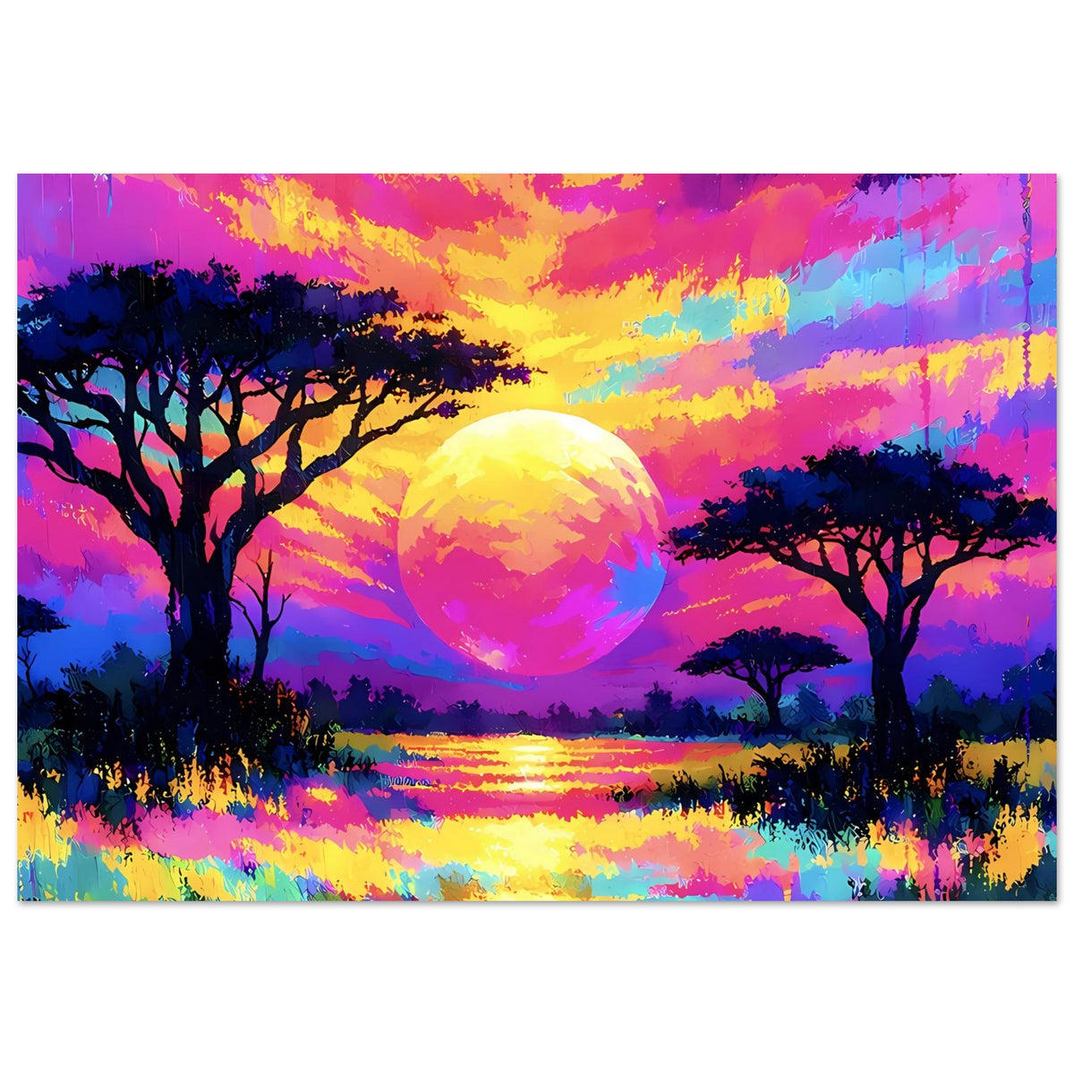 Neon-Landschaftsposter, horizontal: gelbrosa Sonne, bunte Landschaft und dunkle Baum-Silhouetten