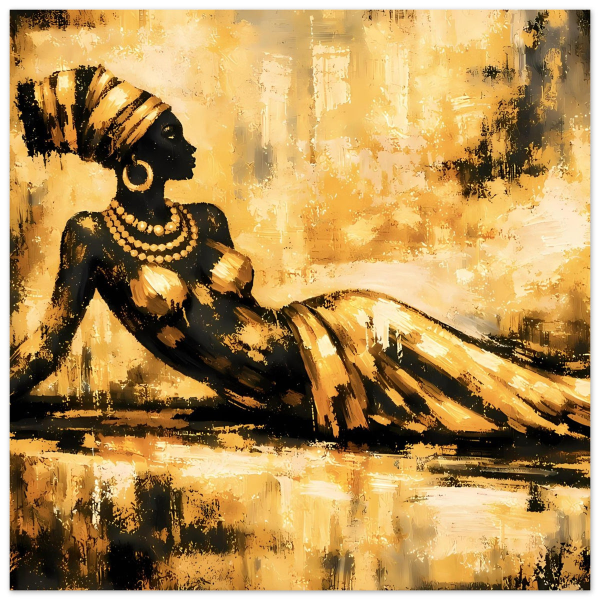 Kunst-Poster im Querformat: Frau in Schwarz mit goldener Halskette und Umhang, leuchtende Farbmuster.