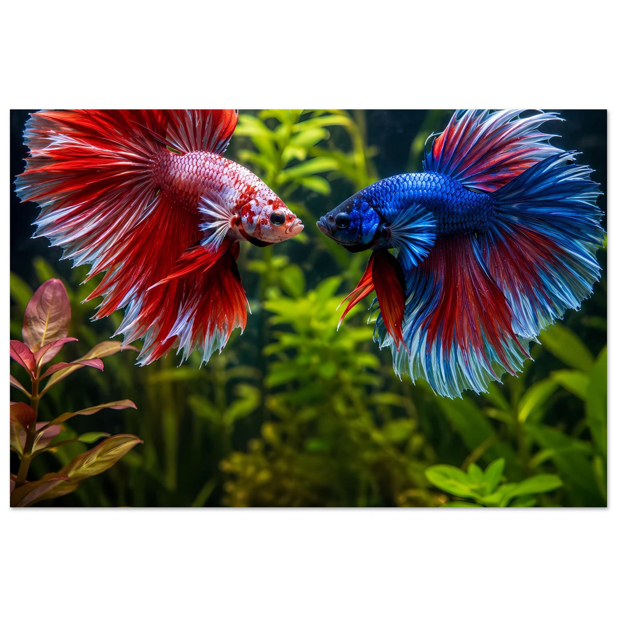 Poster mit zwei Betta-Fischen, roter und blauer Flosse, im Querformat mit grünen Blättern