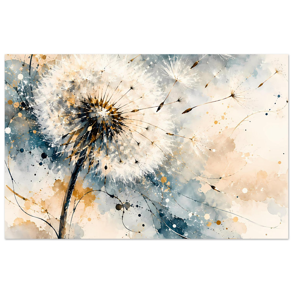 Kunstposter mit Pusteblumen-Illustration in sanften Blau- und Goldtönen, im Querformat
