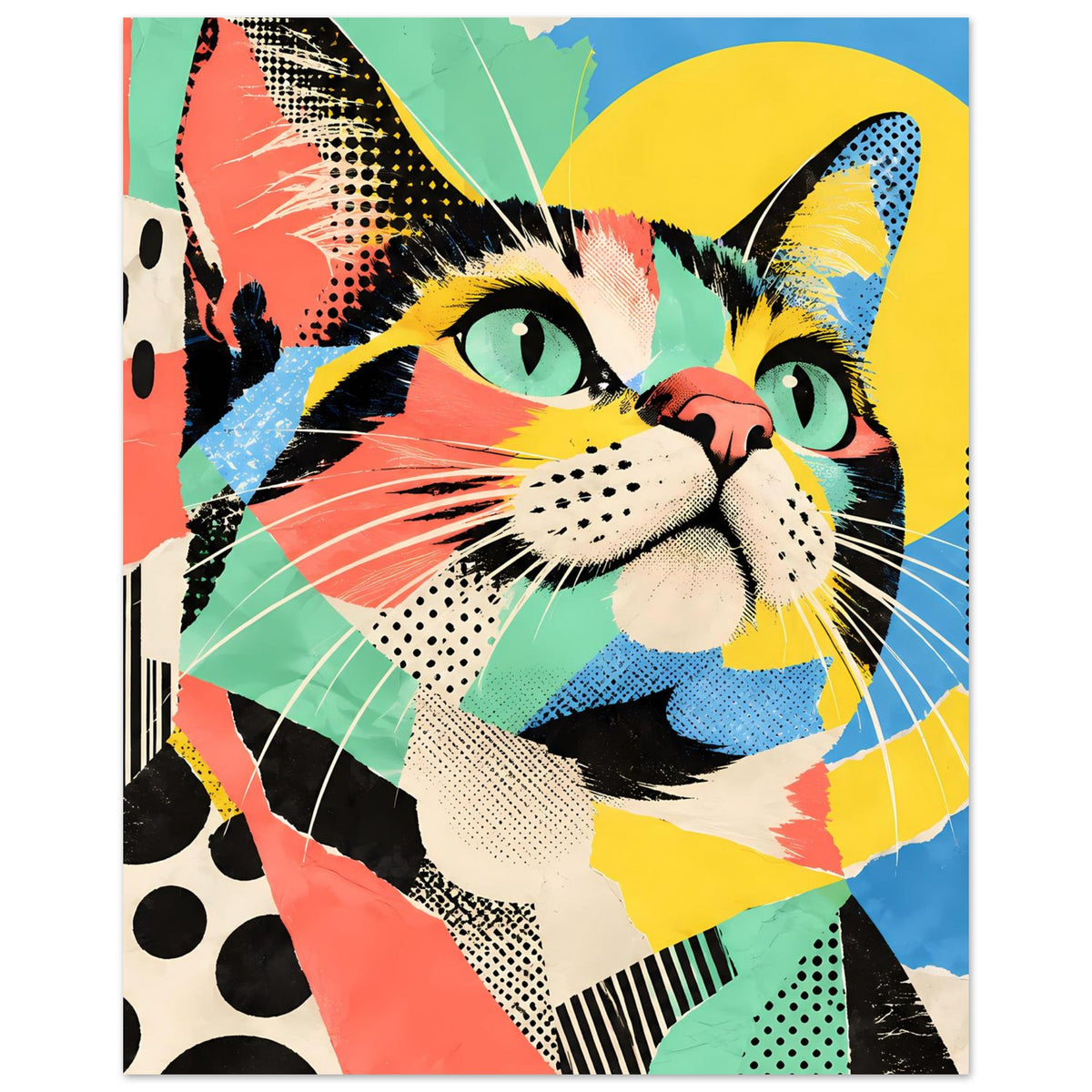 Pop-Art-Katzenposter mit Katzenkopf im Comic-Stil, kräftige Farbmuster und leuchtende Highlights
