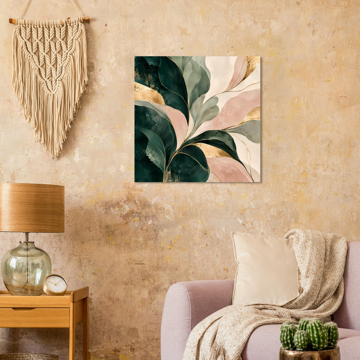 Kunstposter mit abstrakten Blättern in Smaragdgrün, Rosé und Gold