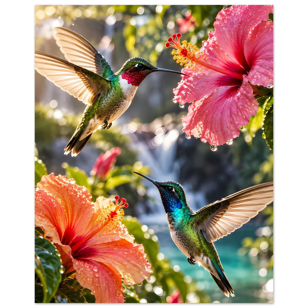 Vertikales Poster: Kolibris vor rosa Hibiskusblüten und orangem Hibiskus im unteren Bereich