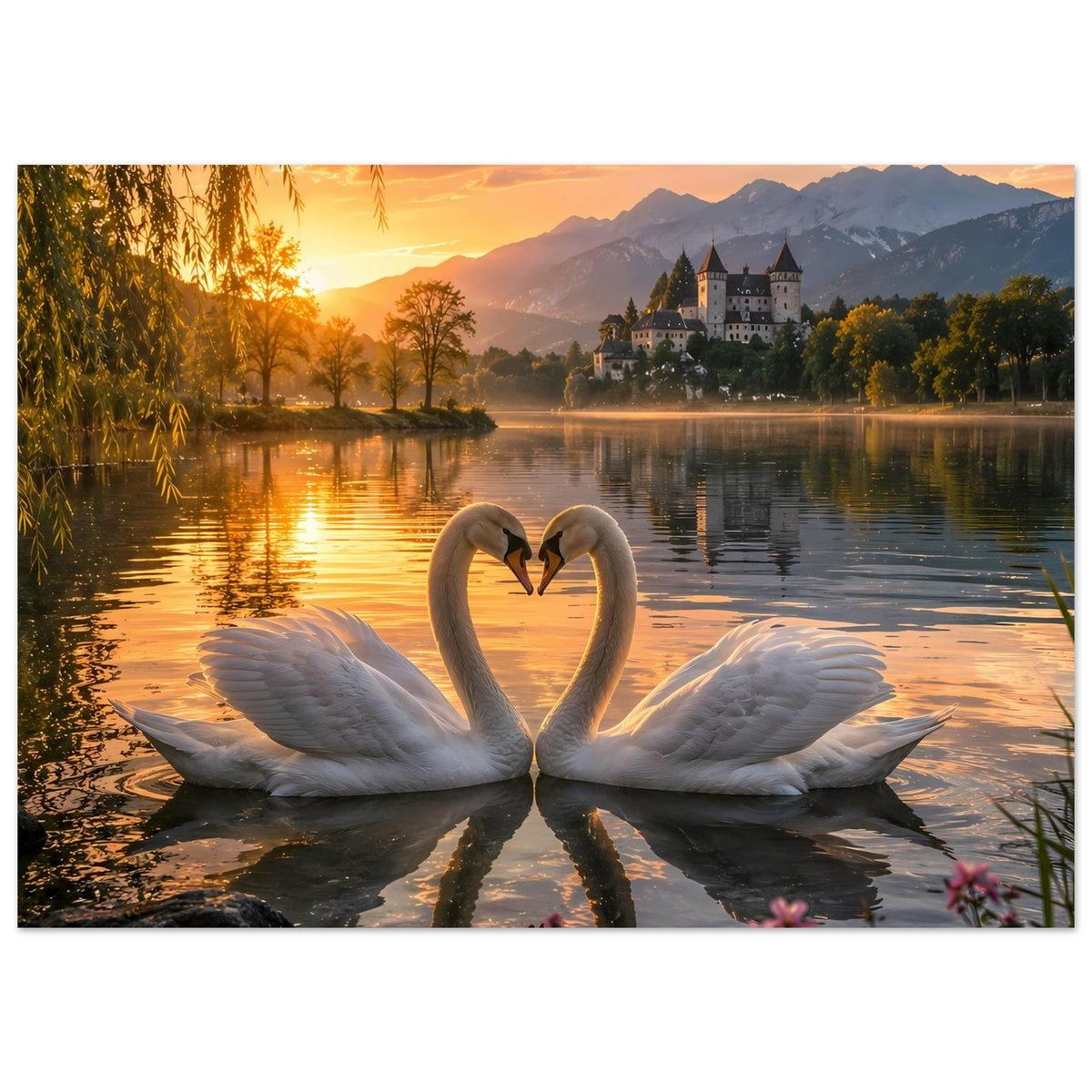 Wandposter (horizontal) mit zwei Schwänen als Herzform am See bei Sonnenuntergang