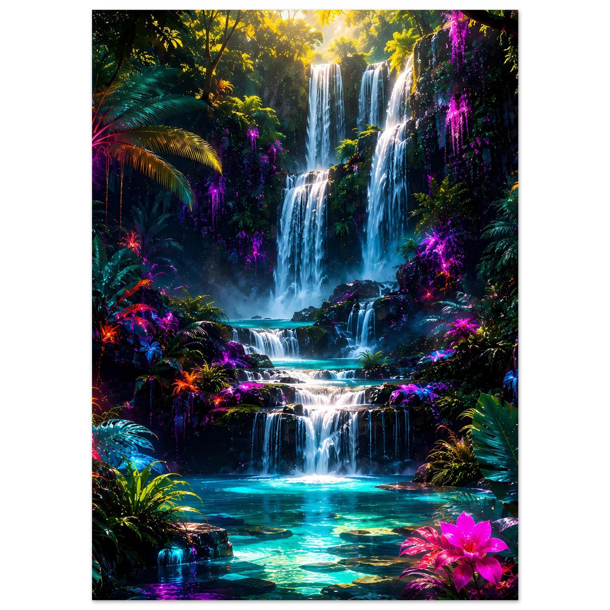 Neon-Regenwald-Wasserfall-Poster mit Sonnenstrahlen, türkisfarbenem Becken und leuchtenden Pflanzen