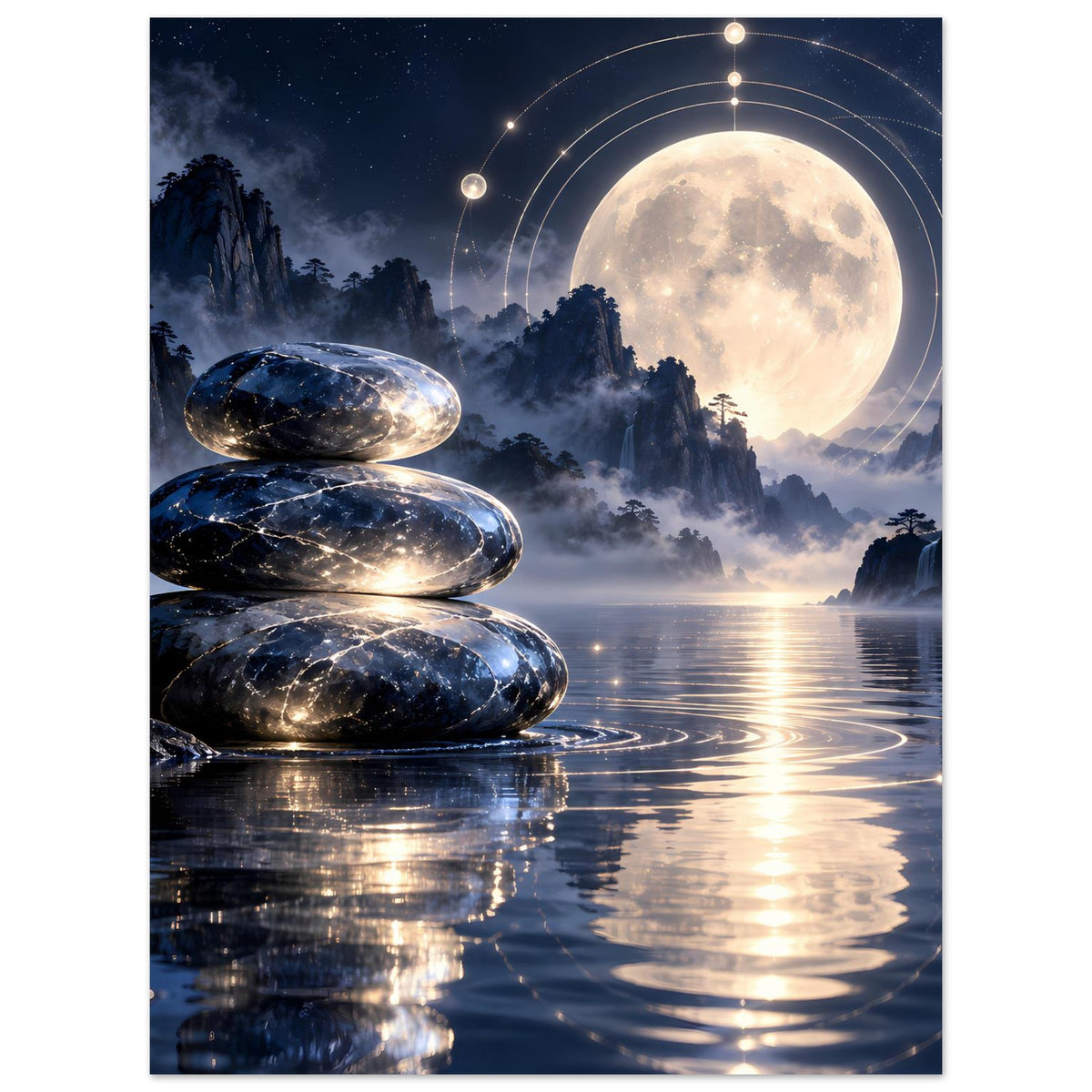 Hochformat-Poster: schwarze Steinsäule, Mondlicht-Reflexionen im Wasser und leuchtende Kreise