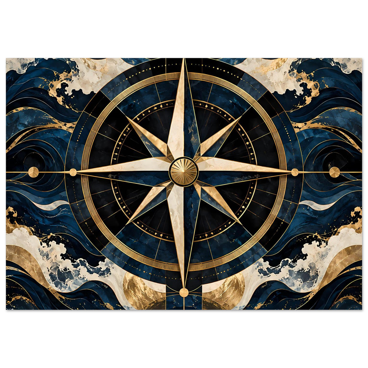 Maritimes Navigationsposter mit Kompassrose, Blau- und Goldtönen, im Querformat