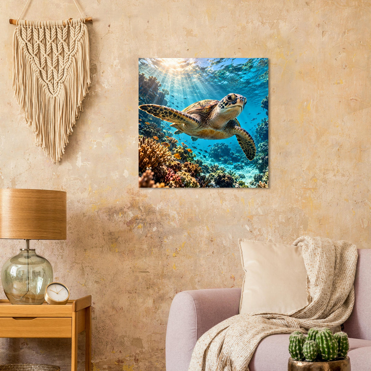Quadratisches Poster mit Meeresschildkröte im Unterwasserlicht, kräftiges Blau und Korallen