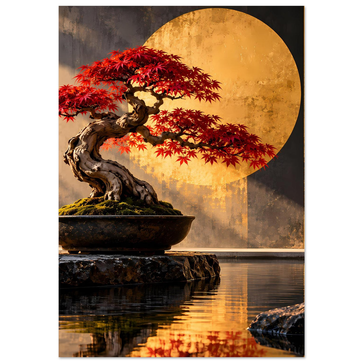 Bonsai-Poster: roter Ahorn über dunklem Stamm, runde Sonne im Hintergrund, gespiegelt