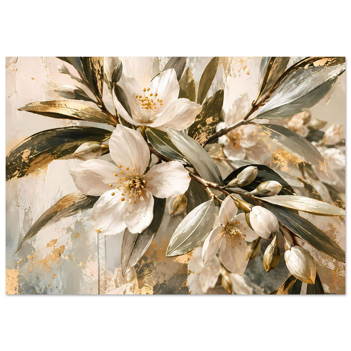 Wandbild mit weißen Blüten, goldglänzenden Akzenten und grünen Blättern, Querformat