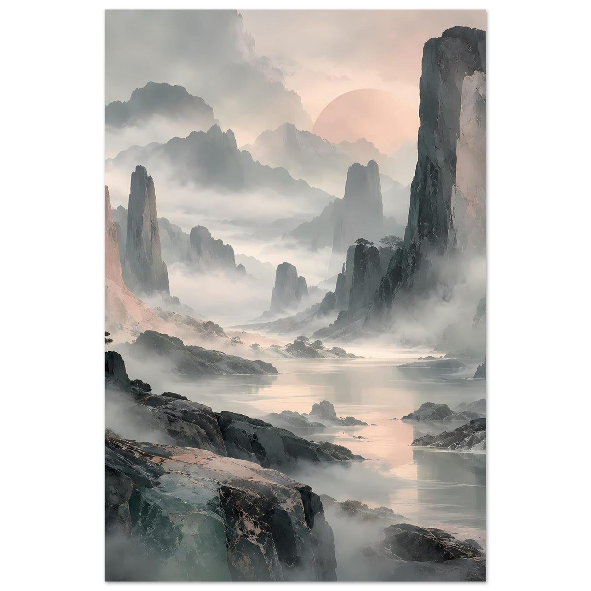 Wandposter in Hochformat mit nebligen Felsen, weichen Wolken und spiegelndem Fluss, Pastell