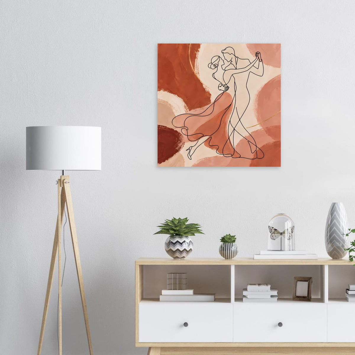 Quadratisches Kunstposter mit tanzendem Paar in warmen Erdtönen