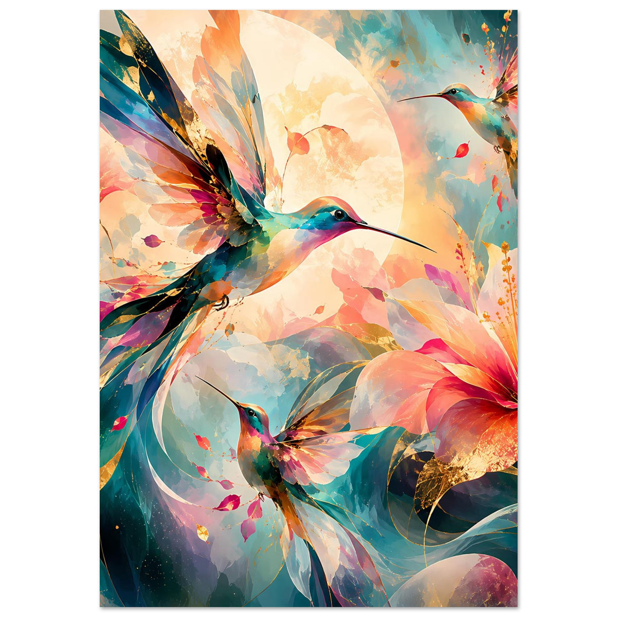 Gerahmtes Kunstposter: Kolibri inmitten farbiger Blüten und schimmernder Federflügel
