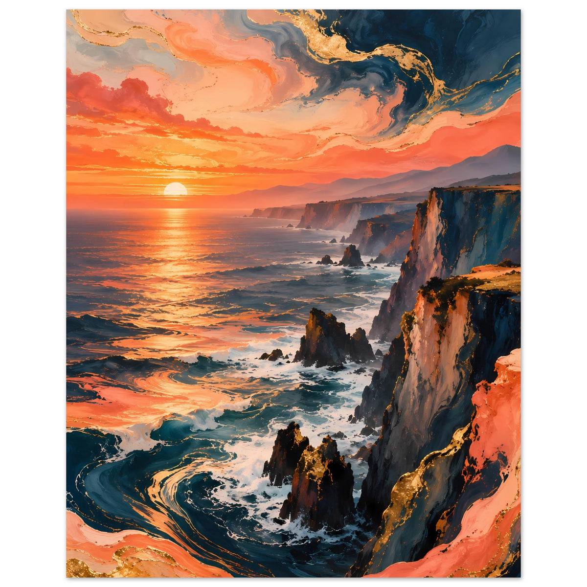 Hochformat-Poster: Sonnenuntergang an Küstenklippen mit großer Sonne über dem Meer und Wolken
