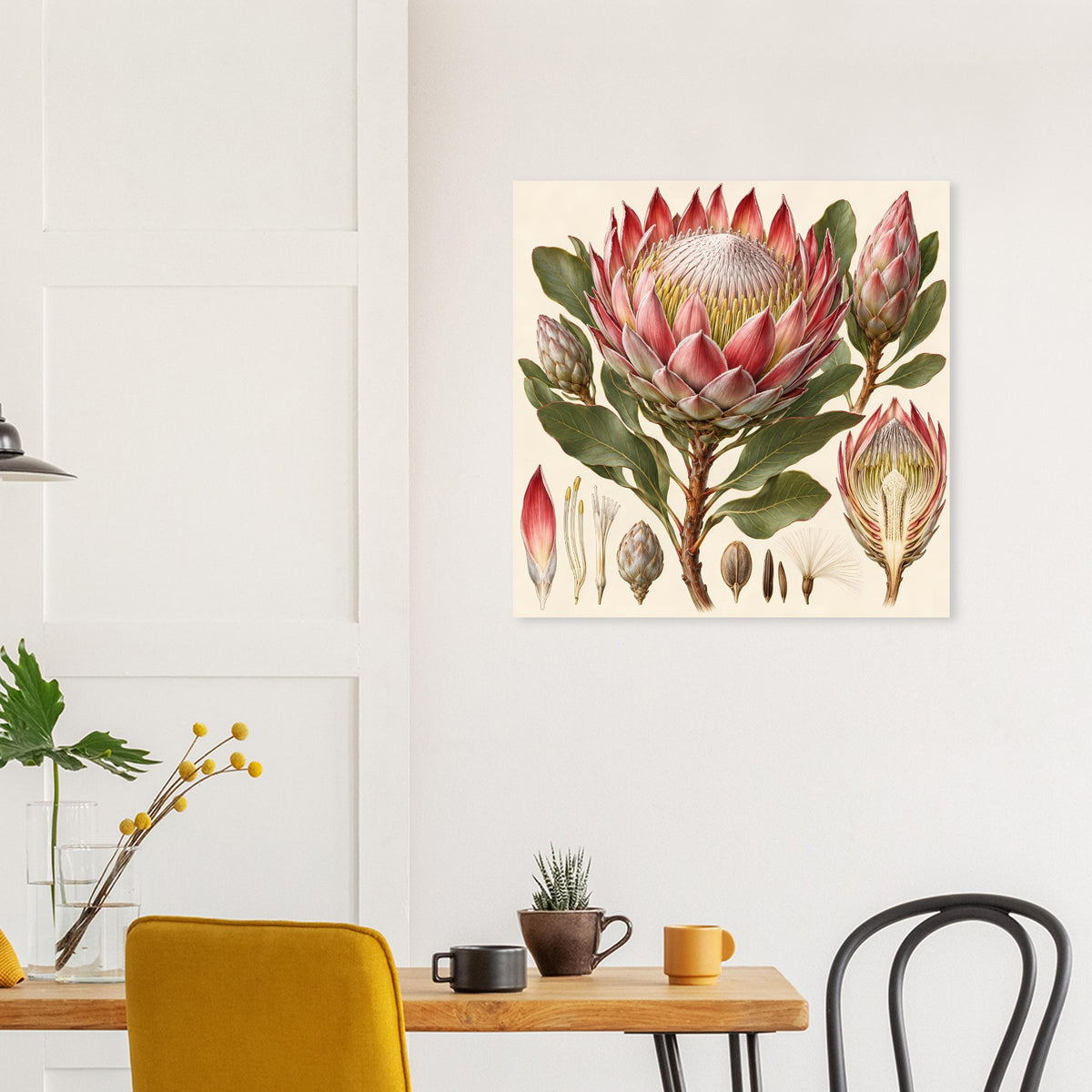 Quadratisches Poster mit Protea-Blüte, Samen und Blättern, Rot/Rosa/Grün