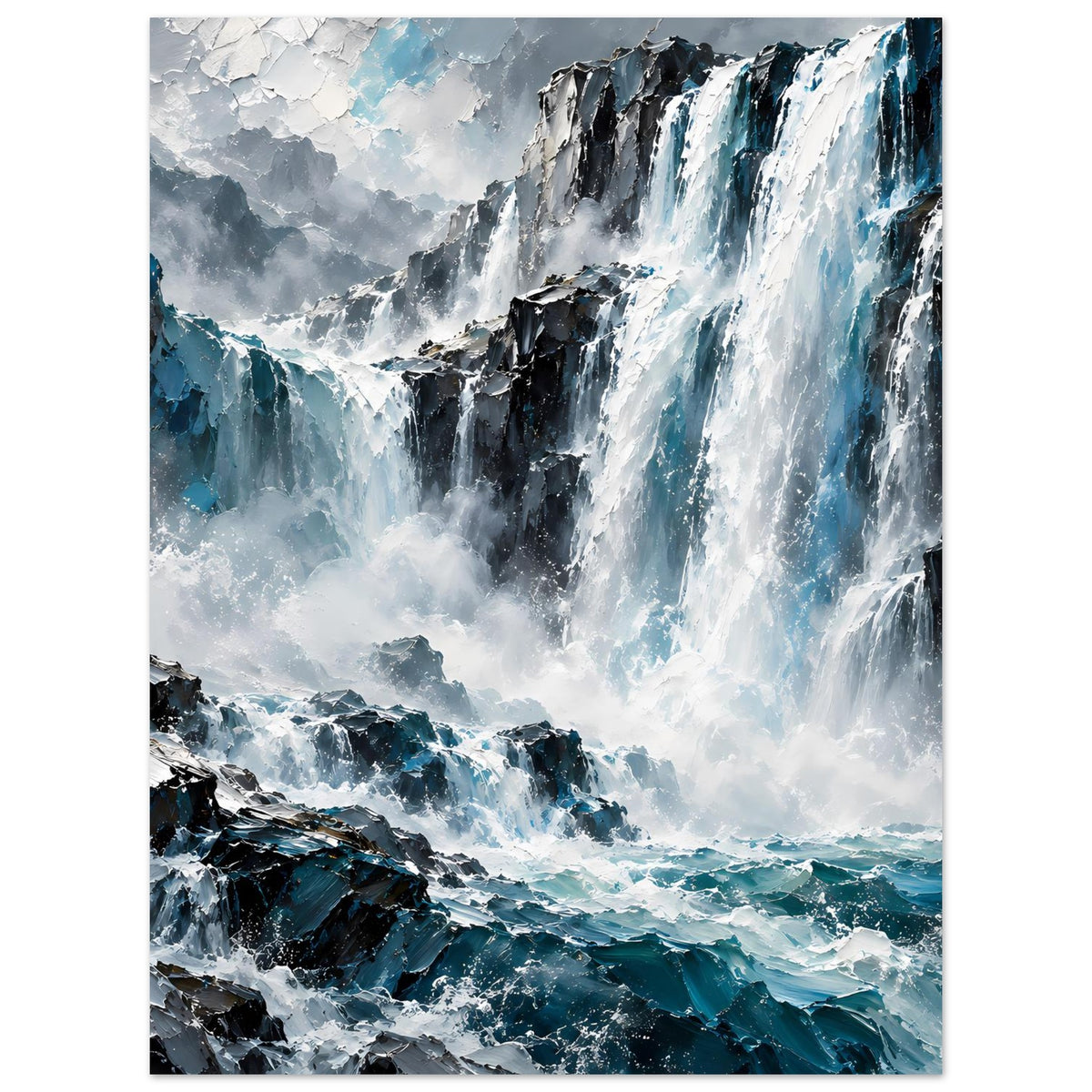 Wasserfall-Ozeanposter im Hochformat: Wasserfall über Felsen, türkisblaues Meer