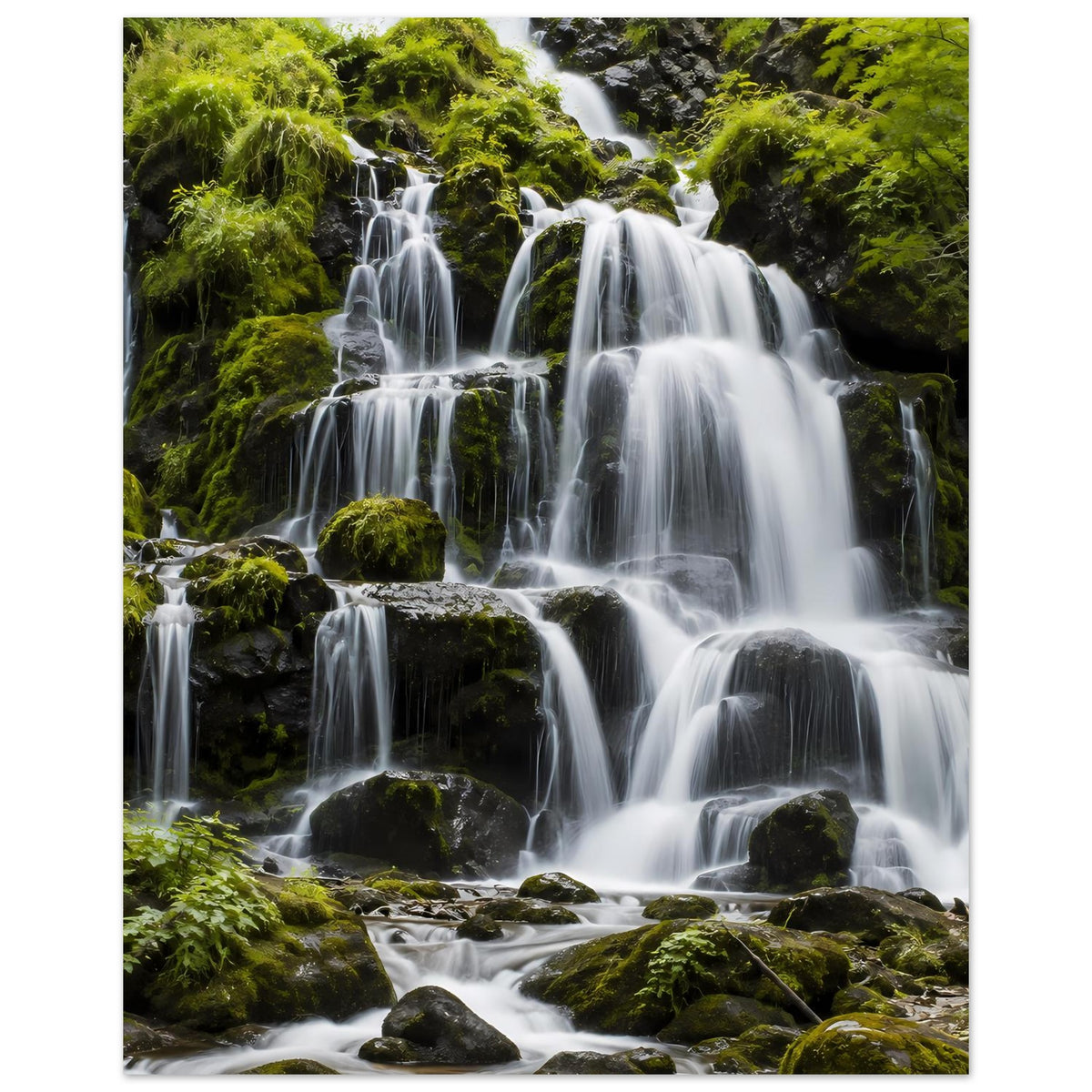 Wasserfall-Poster mit mehreren Wasserströmen über moosigen Felsen, sattes Grün
