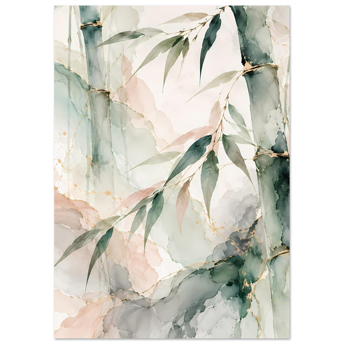 Naturposter mit Bambusstämmen und -blättern im Aquarell-Look, Grün und Pastell, hochkant