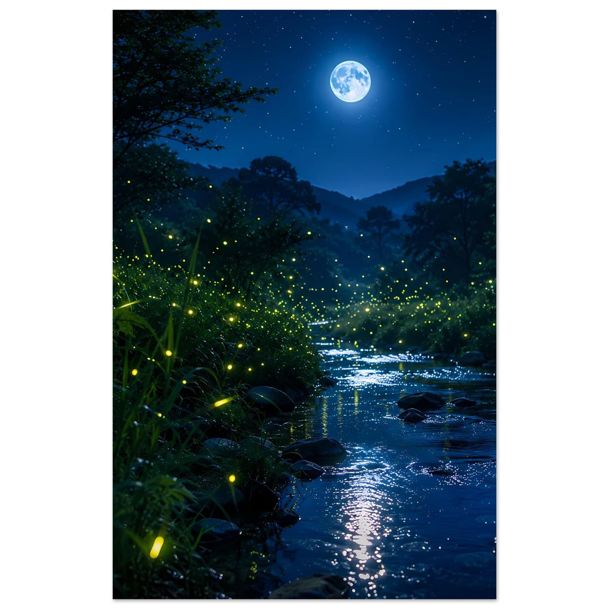 Hochformat-Wandposter mit Mond über dunklem Waldfluss und funkelnden Glühwürmchen