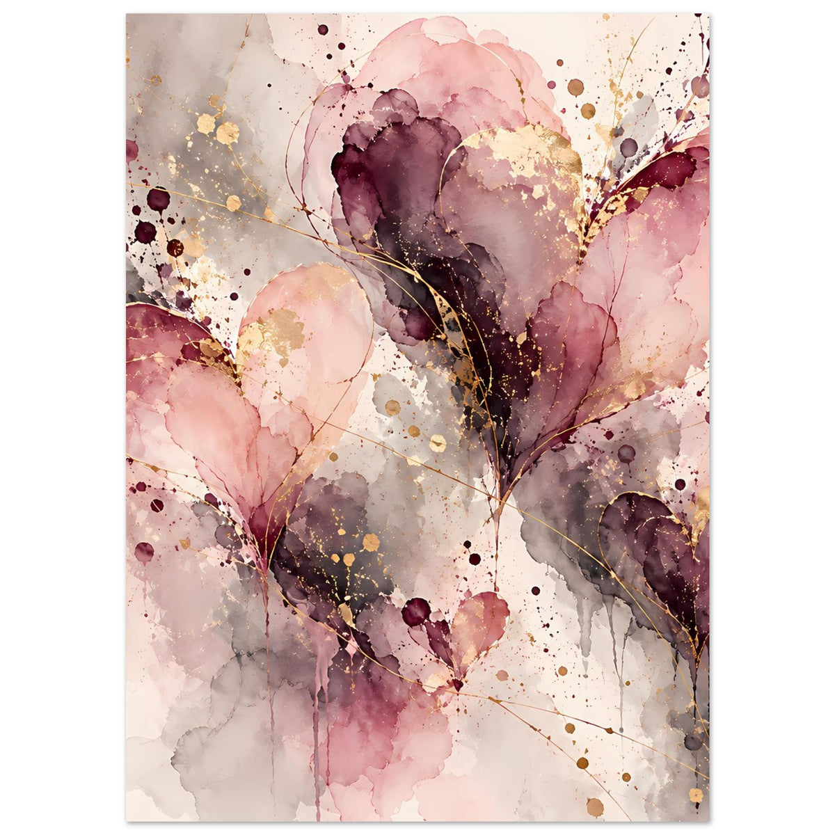 Poster mit Herz-Aquarell-Optik in Rosatönen und Goldakzenten, abstrakt und sprenkelig.