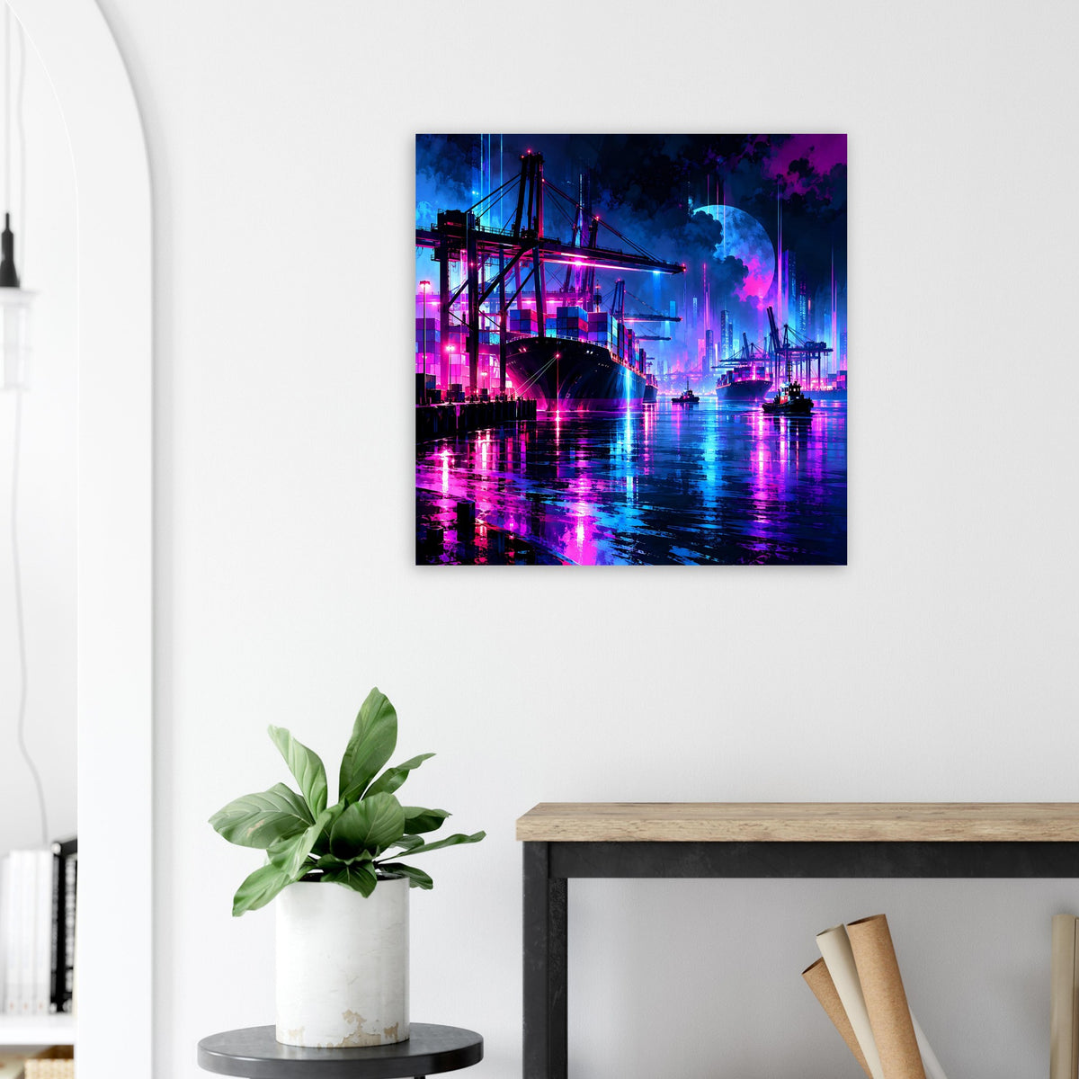 Neon-Hafenposter über Konsole: Hafenkran, blaues Neonlicht und Wasserreflexion