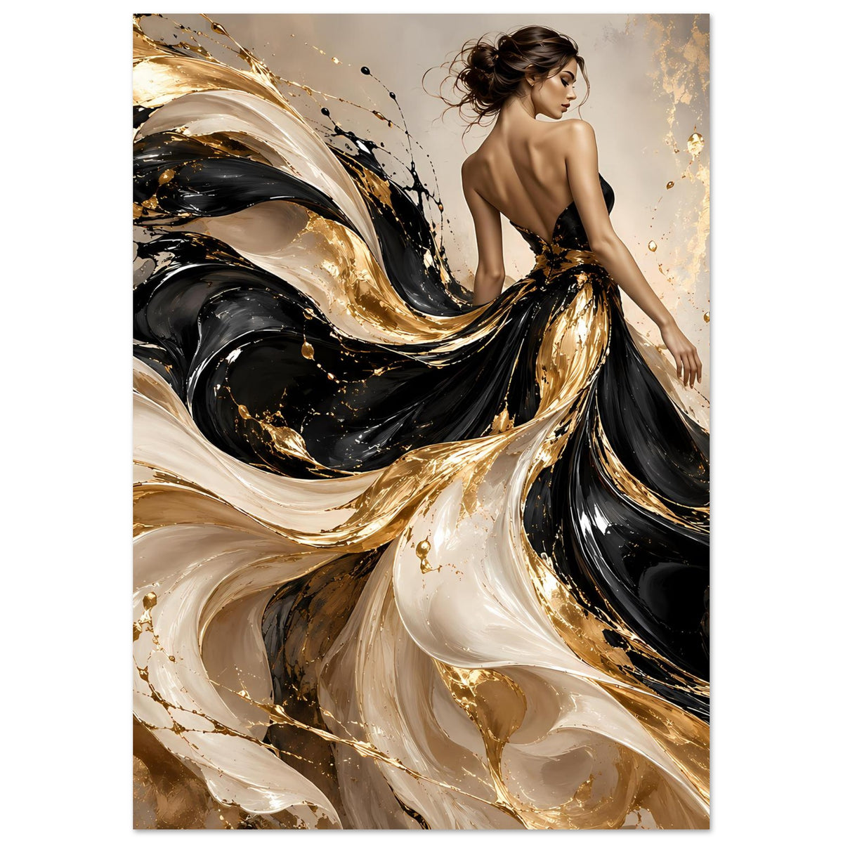 Kunstposter mit abstrakten Wirbeln in Schwarz, Gold und Elfenbein, mit Frauenfigur