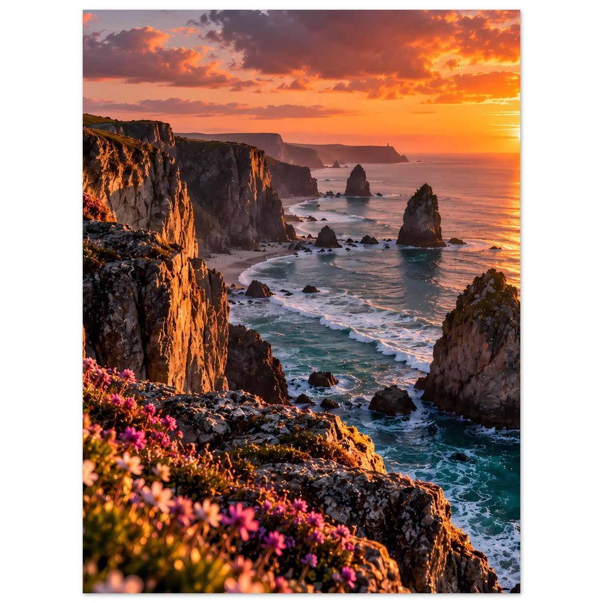 Meerlandschafts-Poster mit Klippen, Wellen und orangefarbenem Sonnenuntergang, vertikal