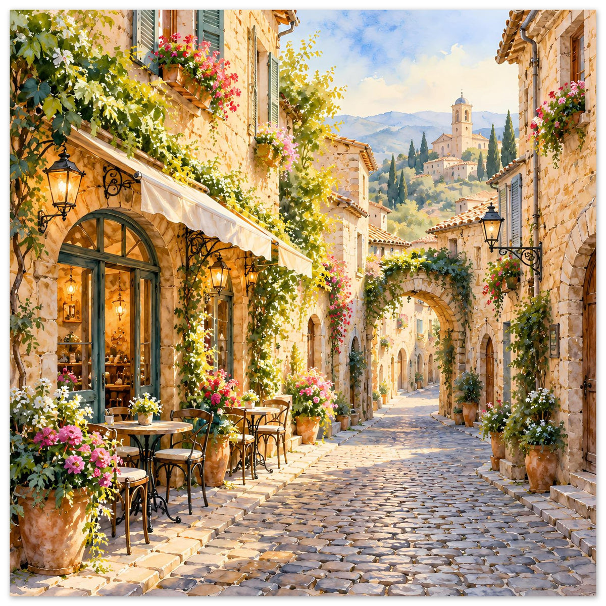 Poster einer mediterranen Dorfstraße mit blumengeschmückten Häusern und Kopfsteinpflaster