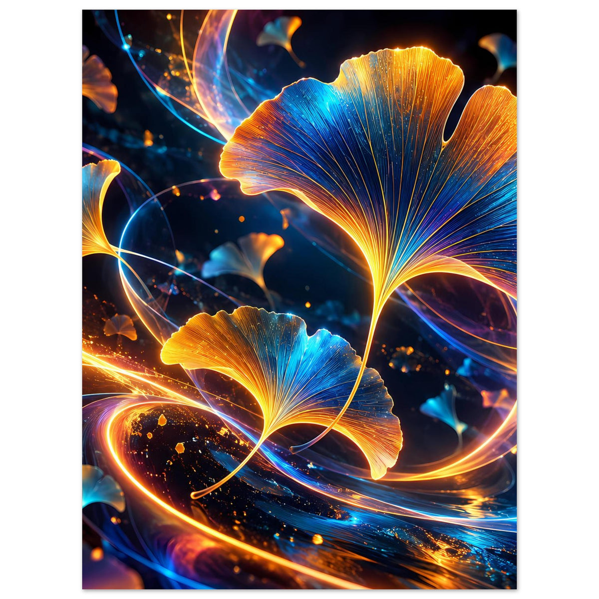 Botanisches Poster mit leuchtenden Ginkgo-Blättern in Blau und Gold und orange Lichtbahnen