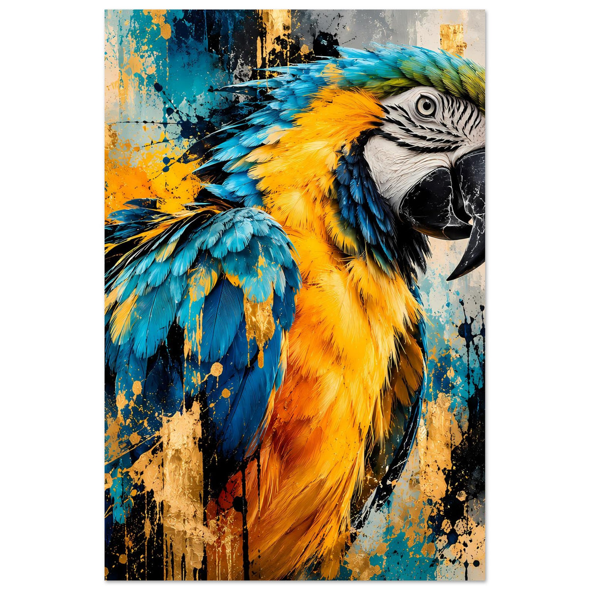 Papagei-Kunstposter mit blauen und gelben Federn, Detailporträt im Hochformat.