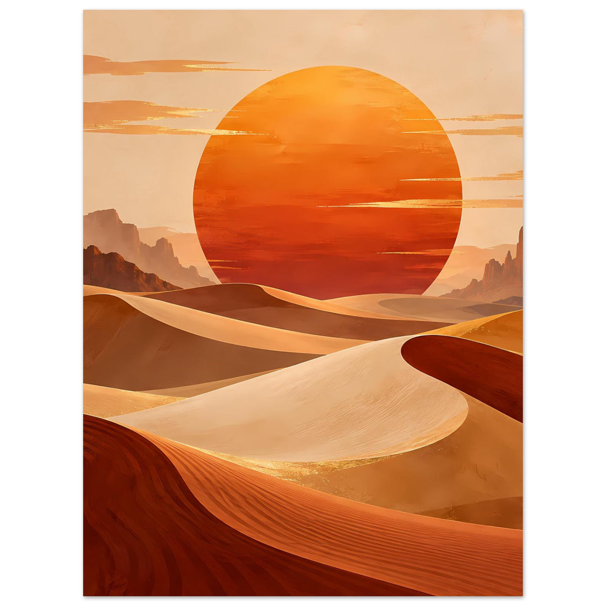 Poster im Hochformat: Orangefarbene Sonnenscheibe, Dünen und ferne Felstürme in Wüstenlandschaft