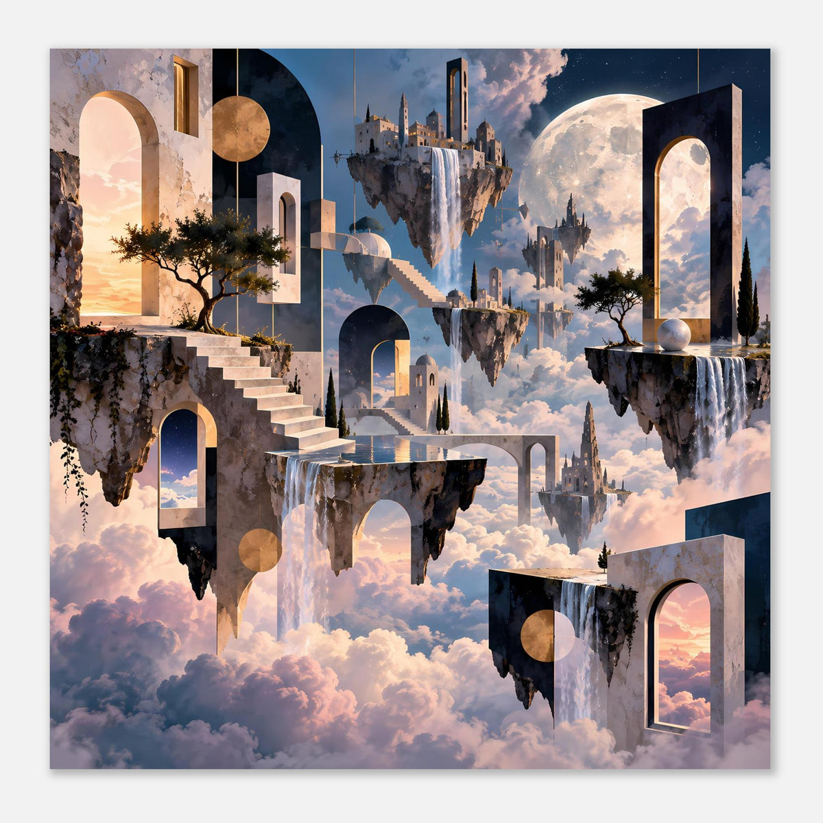 Surreales Architektur-Poster: schwebende Inseln, Bögen, Türöffnungen und Wolken