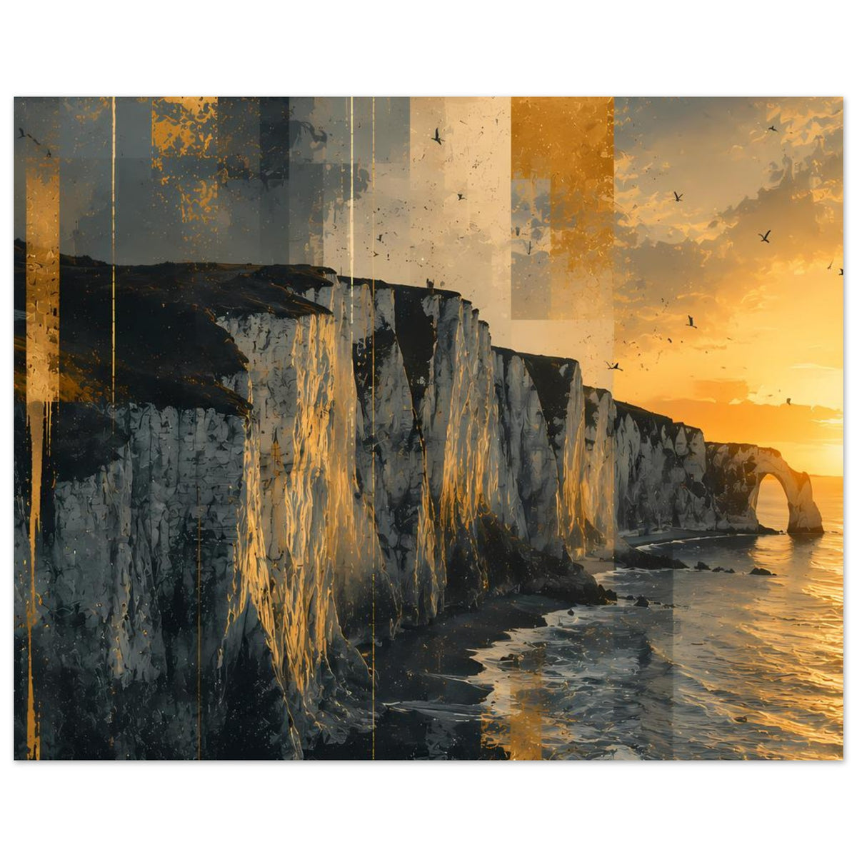 Querformat-Poster: Steilküste mit Meer und Sonnenuntergang, warmes Orange, dunkle Wolken