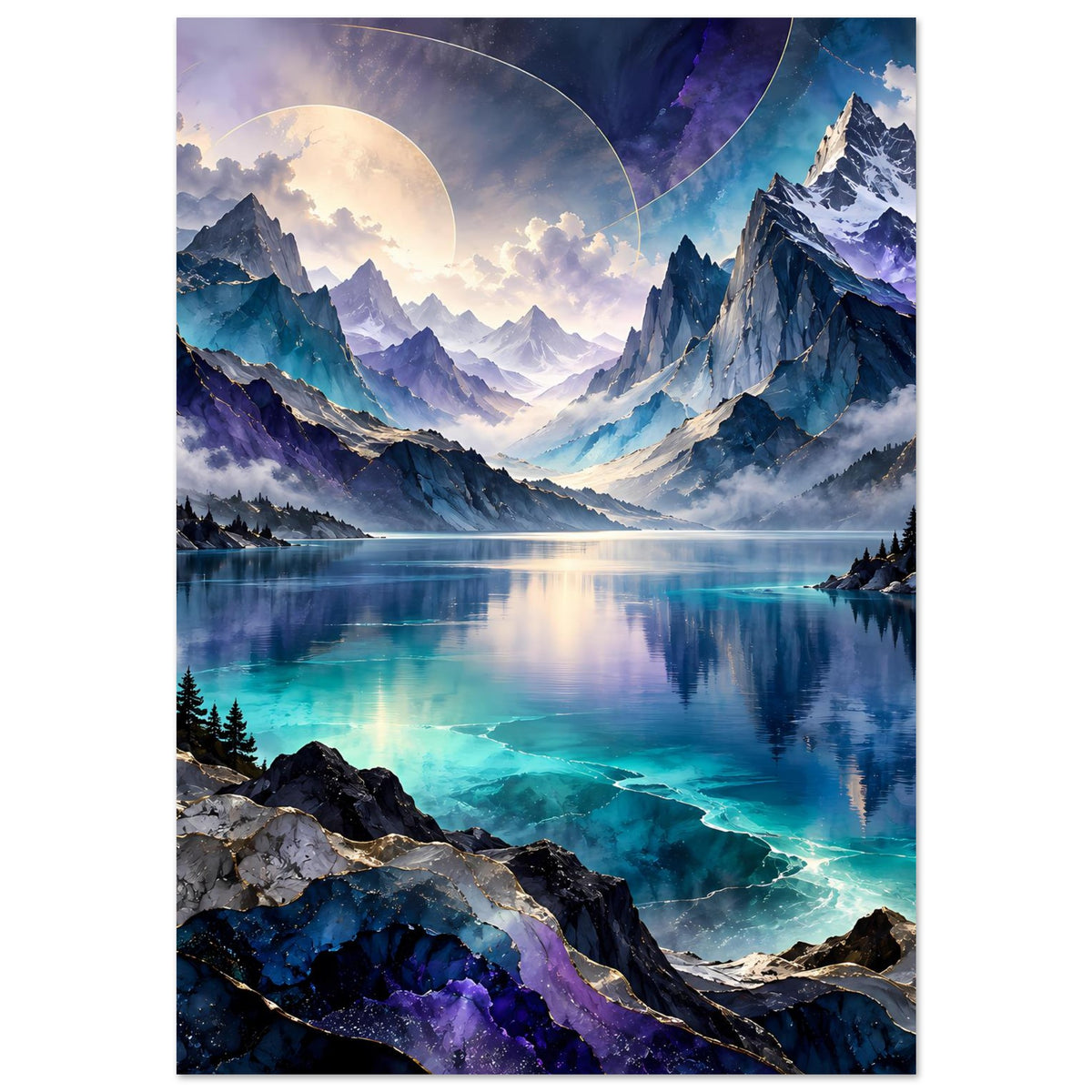Bergsee-Poster, Felsufer im Vordergrund, türkisblauer See, Berge, Mondsichel, Hochformat
