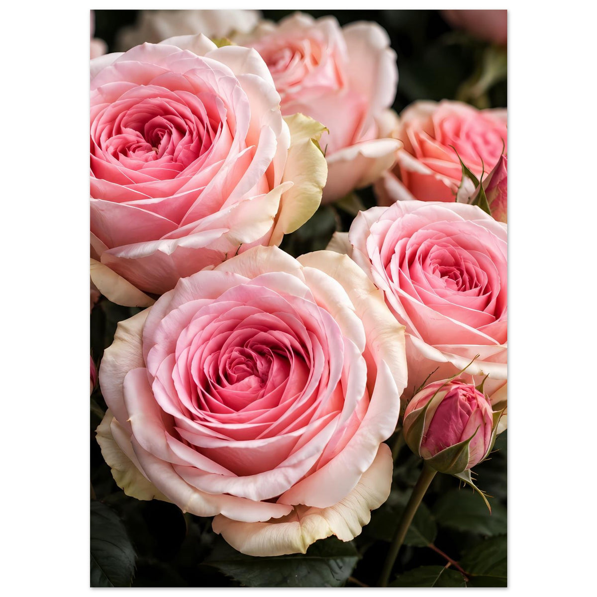Poster mit rosa Rosenblüten, große Blüten vorn und kleinere Blüten im Hintergrund