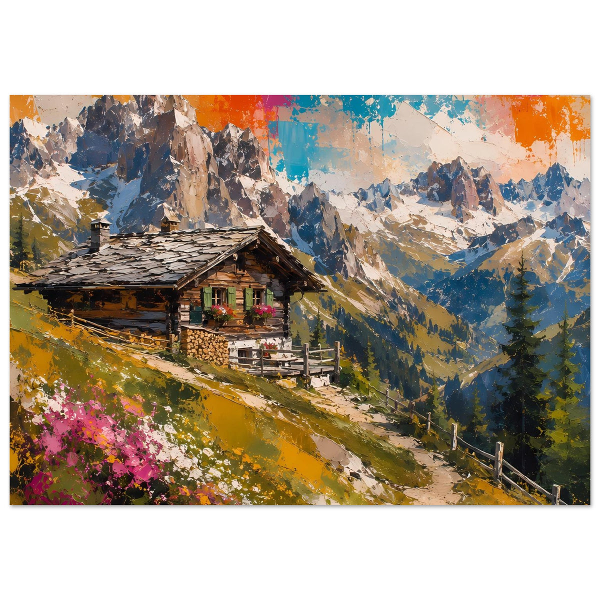 Poster im Querformat mit Alpenhütte im Gebirge und abstraktem, farbenreichem Himmel