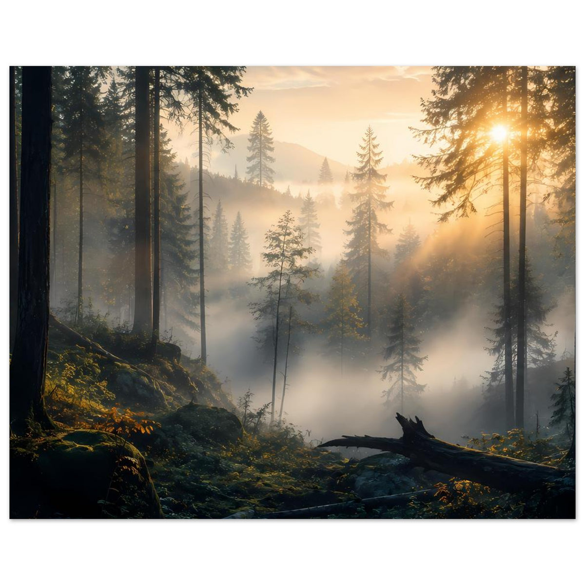 Waldposter im Querformat mit Sonnenstrahlen, dichter Nadelwaldkulisse und Nebel