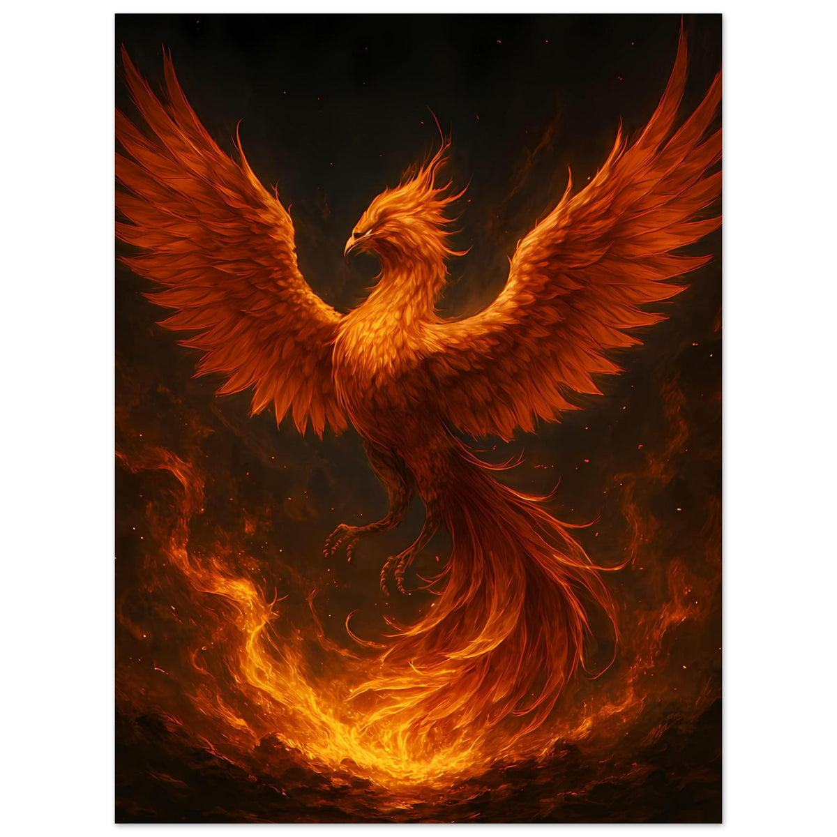 Poster mit gold-orange Phönix, ausgebreiteten Flügeln und umgebenden Feuerflammen