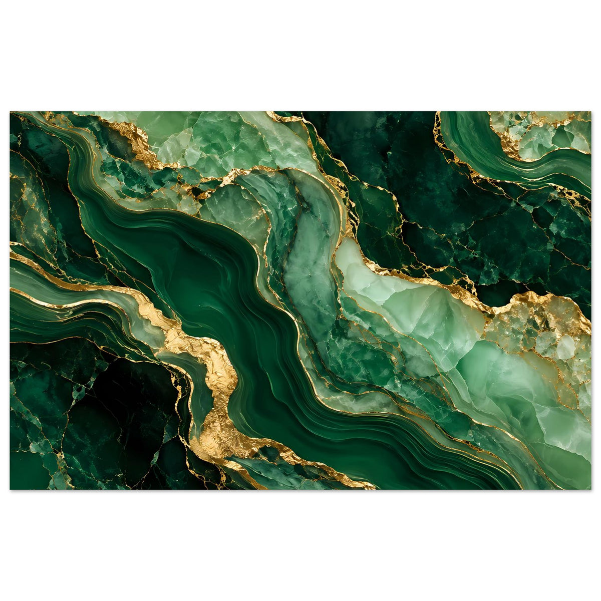 Luxusposter im Querformat mit smaragdgrünem Marmormuster und goldenen Adern, abstrakt