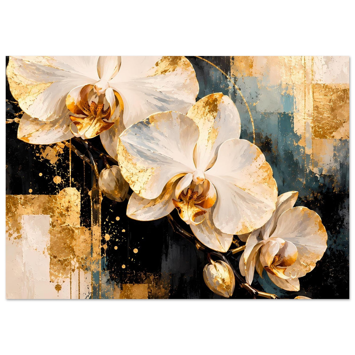 Poster mit weißen Orchideenblüten und goldfarbenen Perlen am Stiel