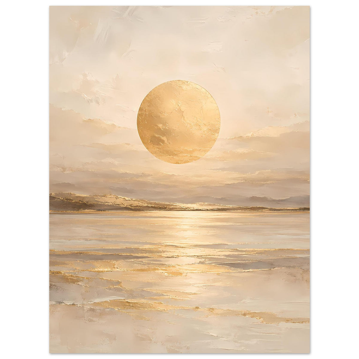 Kunstposter: goldener Sonnenkreis über Sandstrand und See, pastellige Beige-Optik
