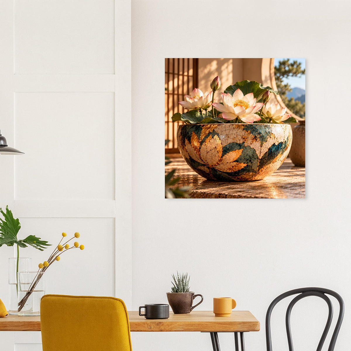 Gerahmtes Lotusblüten-Poster mit üppigem Strauß aus rosa Blüten in goldbrauner Schale.
