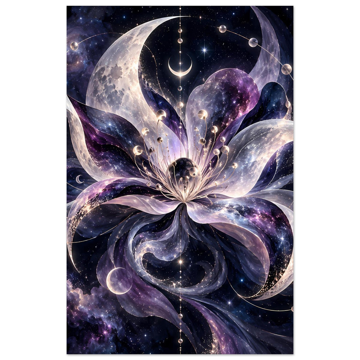 Kosmische Blüte mit Monden, Planeten und Sternen in violett-blauem Weltraum – Motivansicht 2